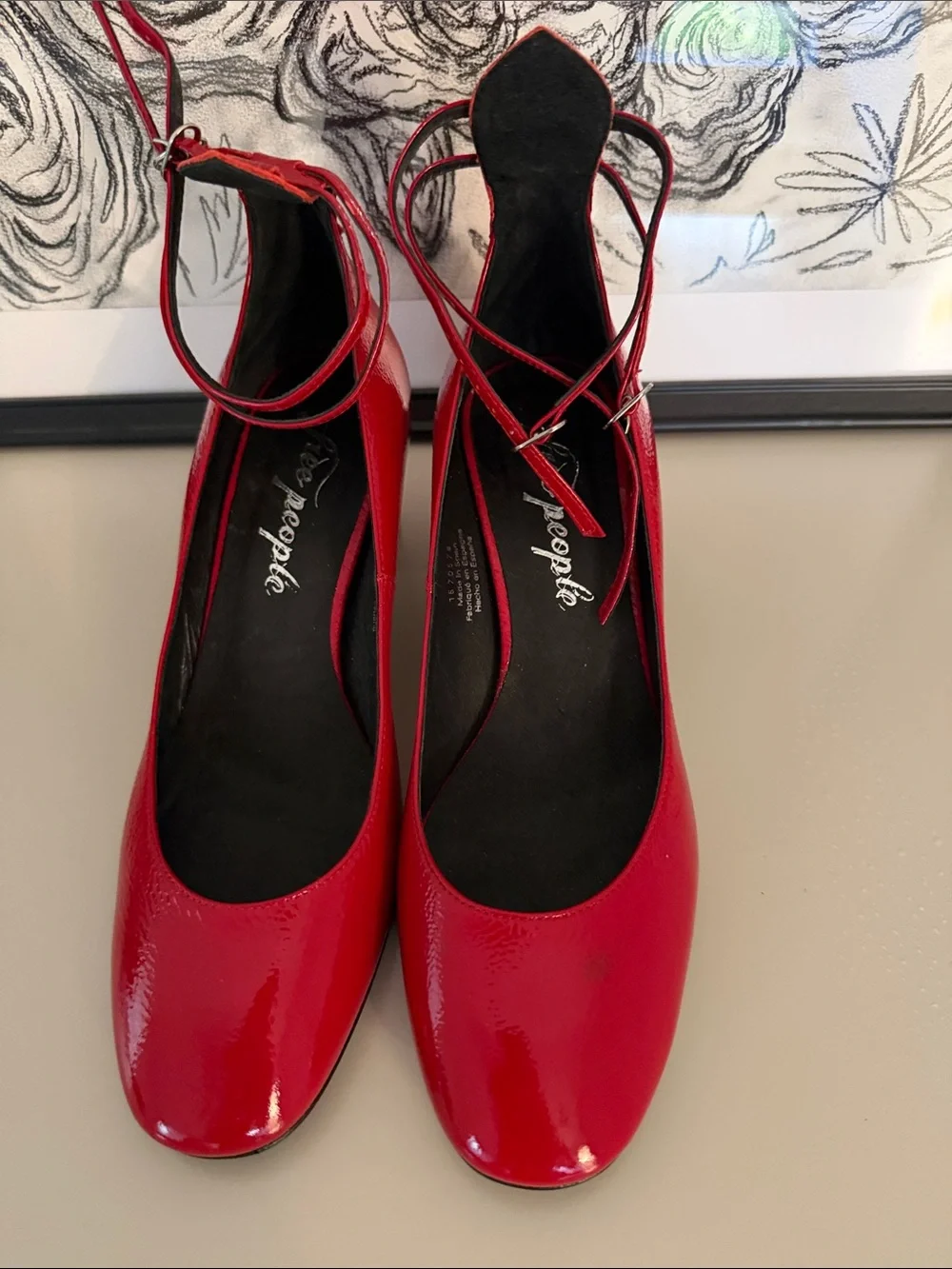 Free people Red Patent Low Block Heel Pumps with Ankle Strap - Women